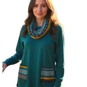 MOQIVGI  Green Geometric Print Cowl Neck 
Long Sleeve Sweater Tunic 2XL